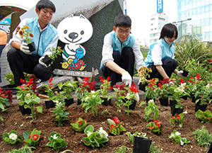 丁寧に花を植える生徒たち