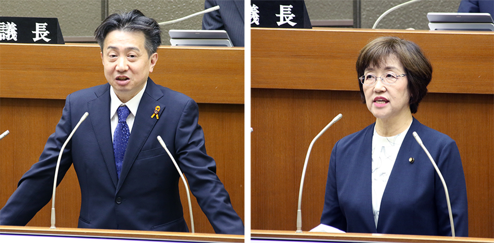 就任のあいさつをする芝本議長㊧、西風副議長