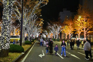 光の道を歩く人たち