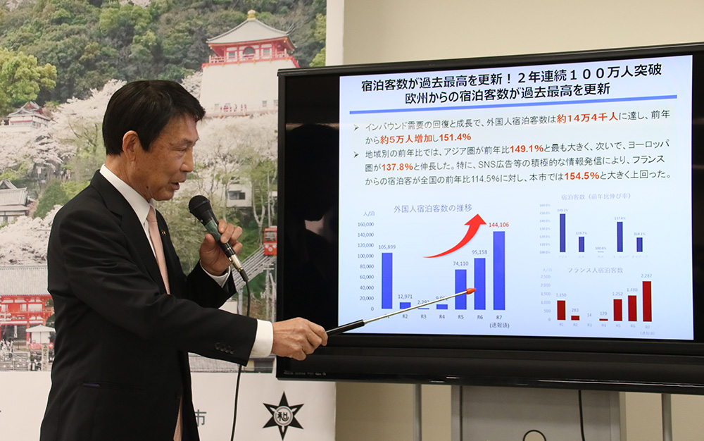過去最多の宿泊客数について説明する尾花市長