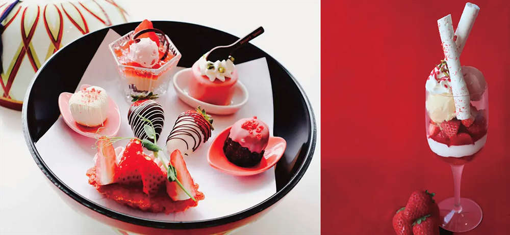 苺のデクリネゾン㊧と苺のパフェ（ホテルグランヴィア和歌山提供）